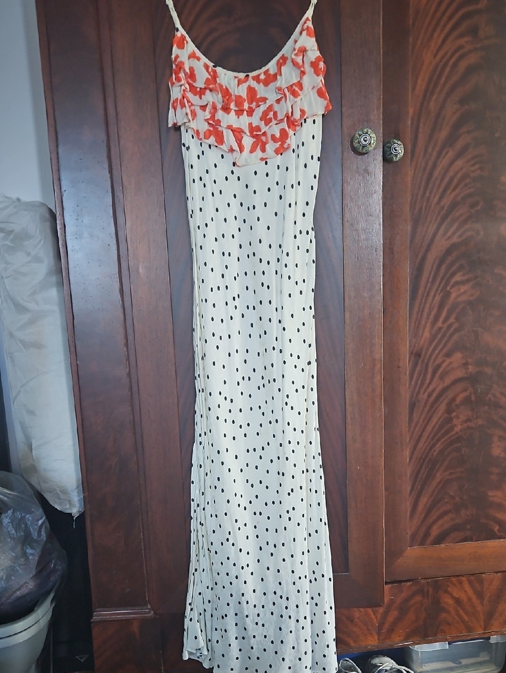 RIXO Cream Polka Dot Maxi Dress with Coral Ruffle